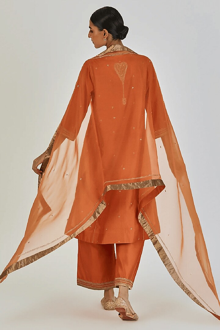 Rust Orange Sheer Organza Motif Embroidered Dupatta by Lajjoo C at Pernia's Pop Up Shop