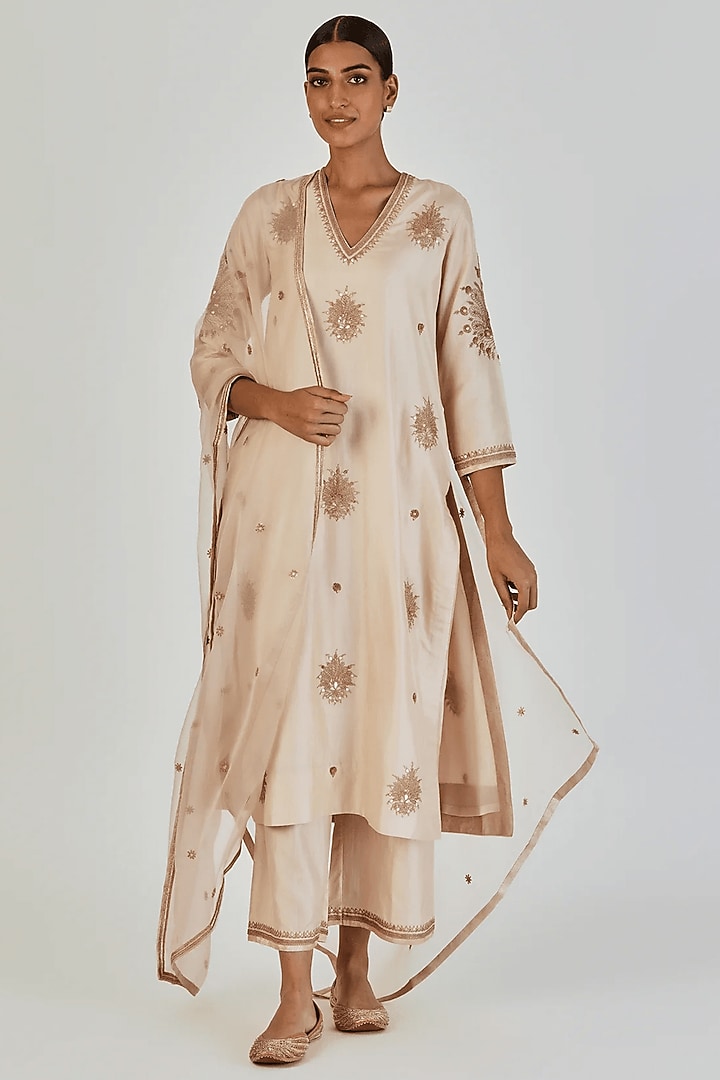 Ivory Sheer Organza Gold Embroidered Dupatta by Lajjoo C at Pernia's Pop Up Shop