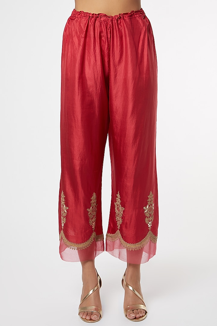 Red Silk Embroidered Kurta Set by Lajjoo C at Pernia's Pop Up Shop