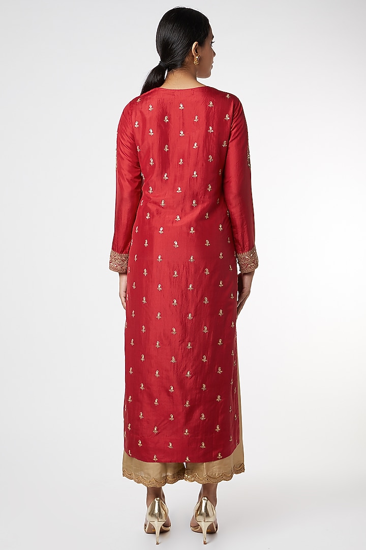 Red & Beige Silk Embroidered Kurta Set by Lajjoo C at Pernia's Pop Up Shop