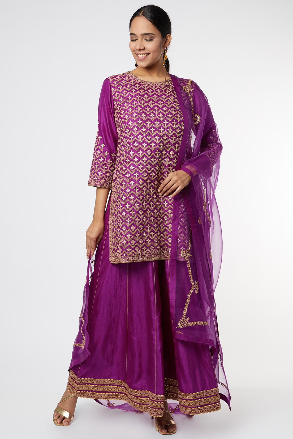 Purple Silk Embroidered Kurta Set by Lajjoo C