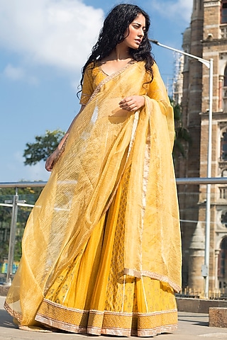 Yellow Printed Lehenga Set by Lajjoo C