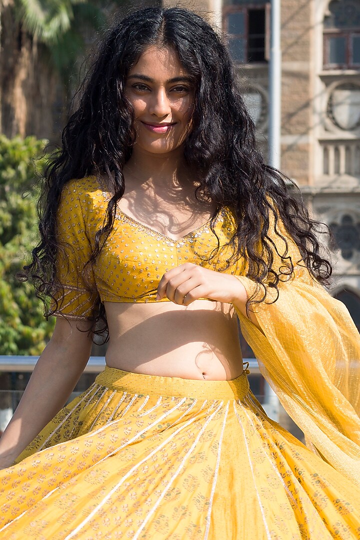Yellow Printed Wedding Lehenga Set by Lajjoo C at Pernia's Pop Up Shop