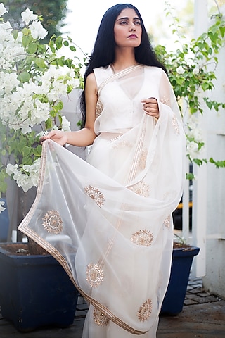 White Embroidered Blouse by Lajjoo C