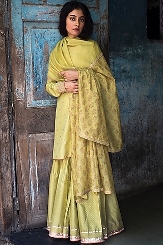 Light Green Embroidered Dupatta by Lajjoo C