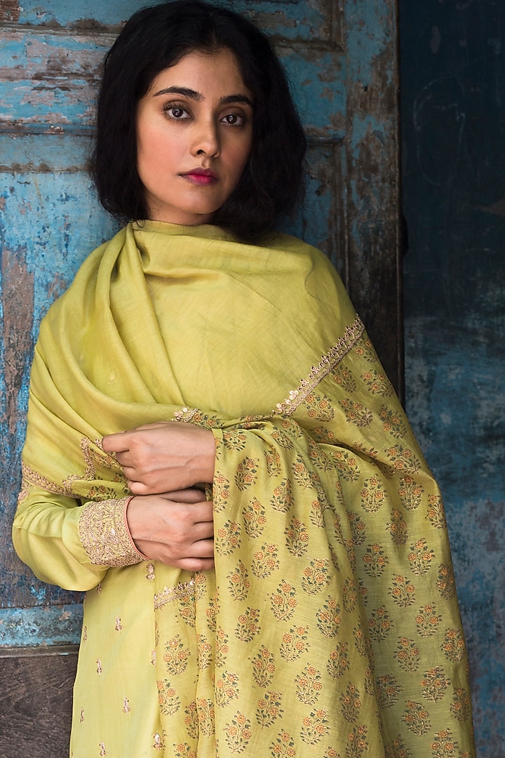 Light Green Embroidered Dupatta by Lajjoo C at Pernia's Pop Up Shop
