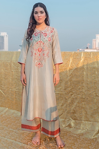 Sky Blue Embroidered Kurta Set by Lajjoo C
