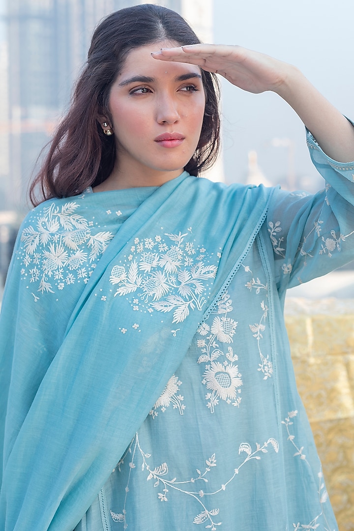 Sky Blue Floral Embroidered Dupatta by Lajjoo C
