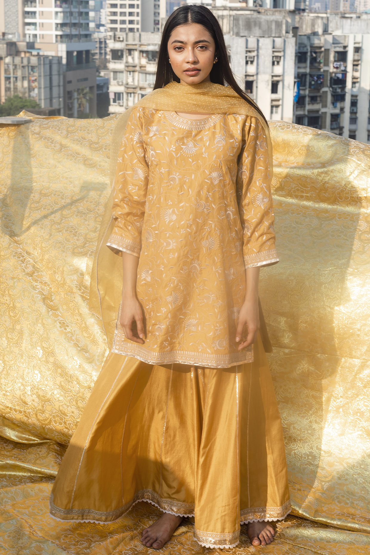 Yellow Silk Sharara Set by Lajjoo C