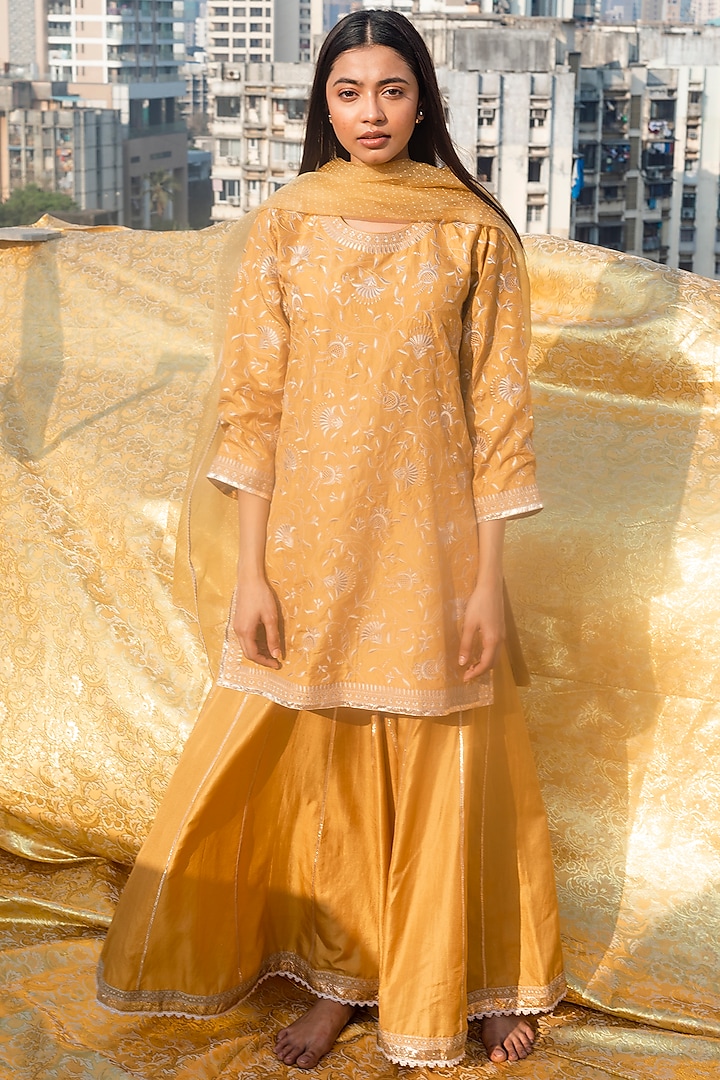 Yellow Silk Sharara Set by Lajjoo C