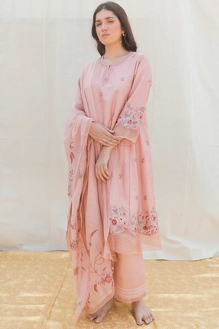 Blush Pink Embroidered Dupatta by Lajjoo C