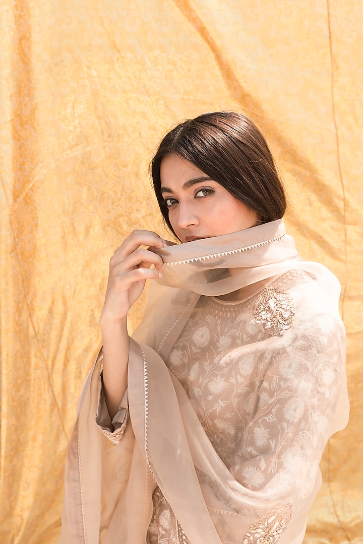 Beige Embroidered Dupatta by Lajjoo C