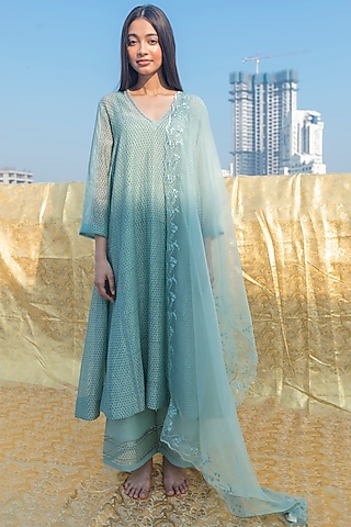 Sky Blue Printed Kurta Set by Lajjoo C