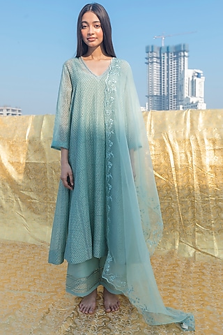 Sky Blue Dupatta In Silk Organza by Lajjoo C
