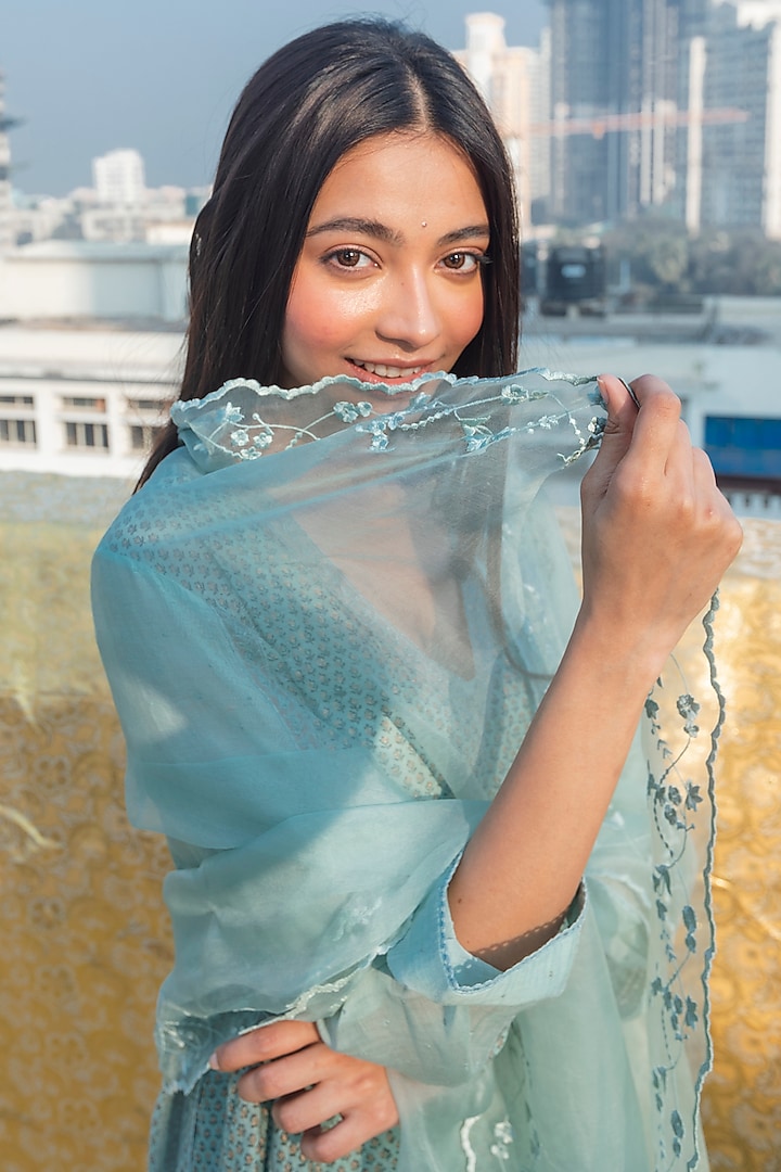 Sky Blue Dupatta In Silk Organza by Lajjoo C at Pernia's Pop Up Shop