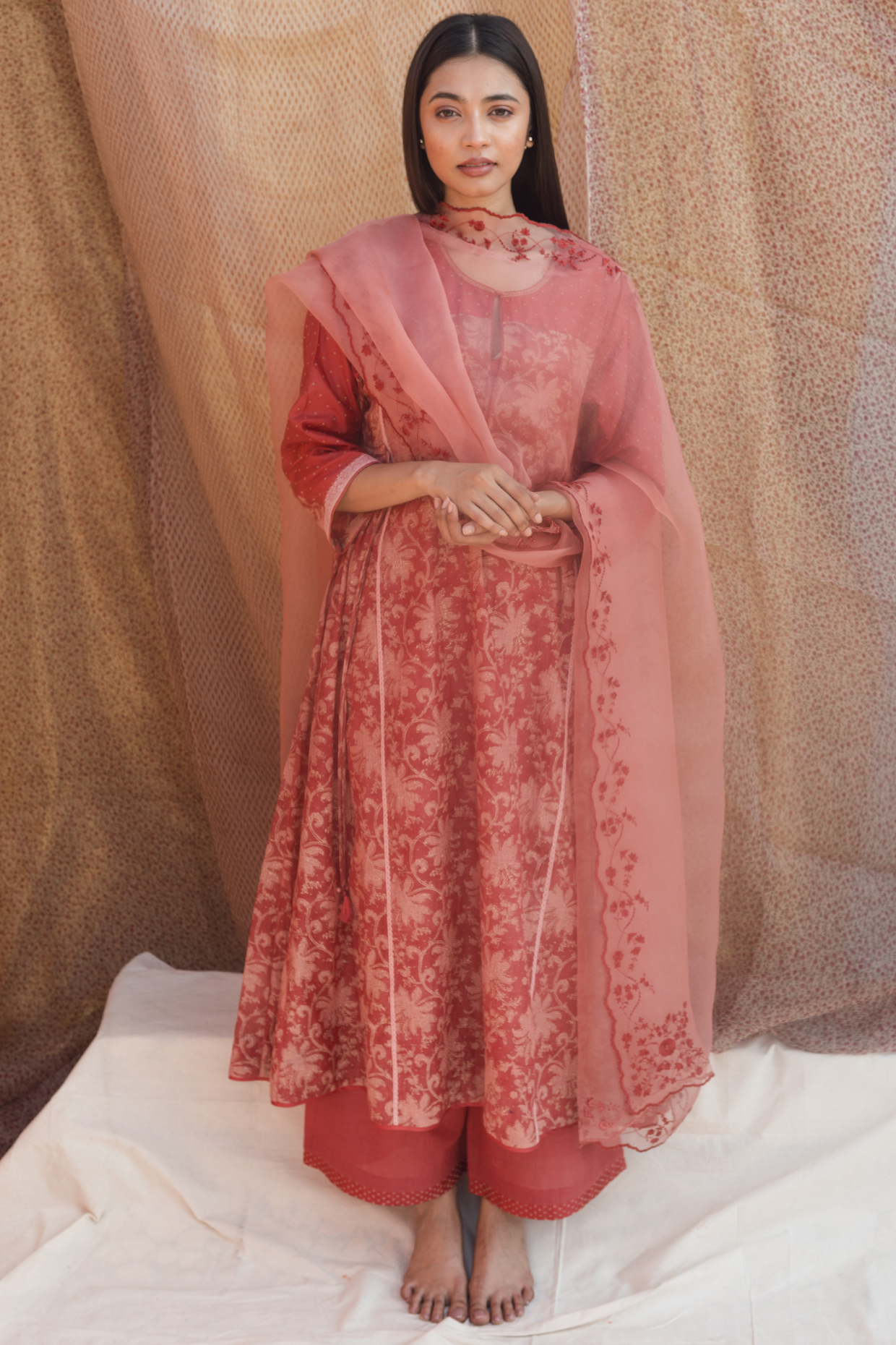 Dull Red Printed Long Kurta Set by Lajjoo C at Pernia's Pop Up Shop
