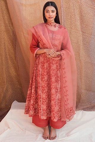 Dull Red Printed Long Kurta Set by Lajjoo C