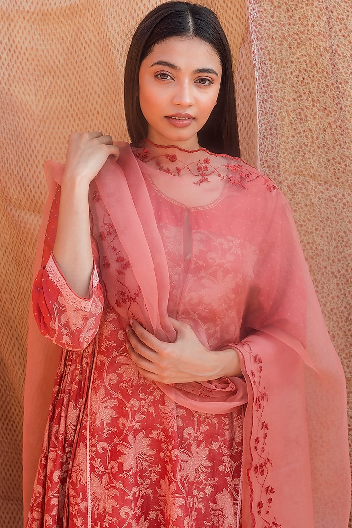 Dull Red Printed Long Kurta Set by Lajjoo C at Pernia's Pop Up Shop