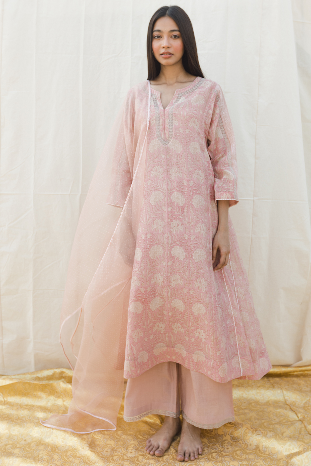 Pink Floral Printed Long Kurta Set by Lajjoo C