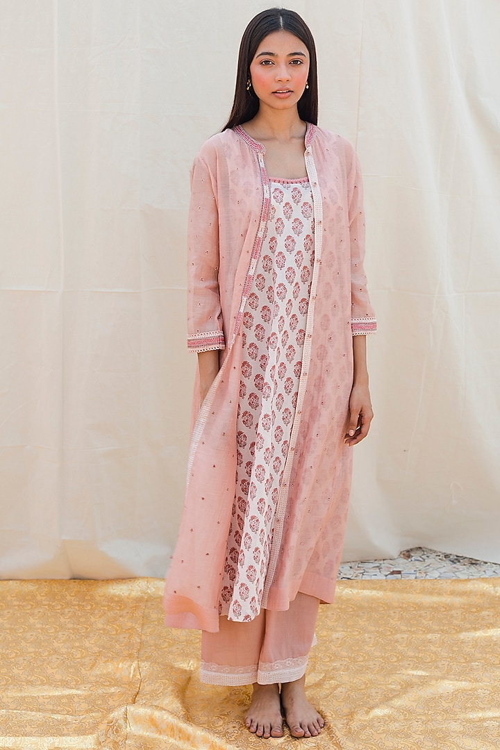 Blush Pink Silk Chanderi Pant Set by Lajjoo C