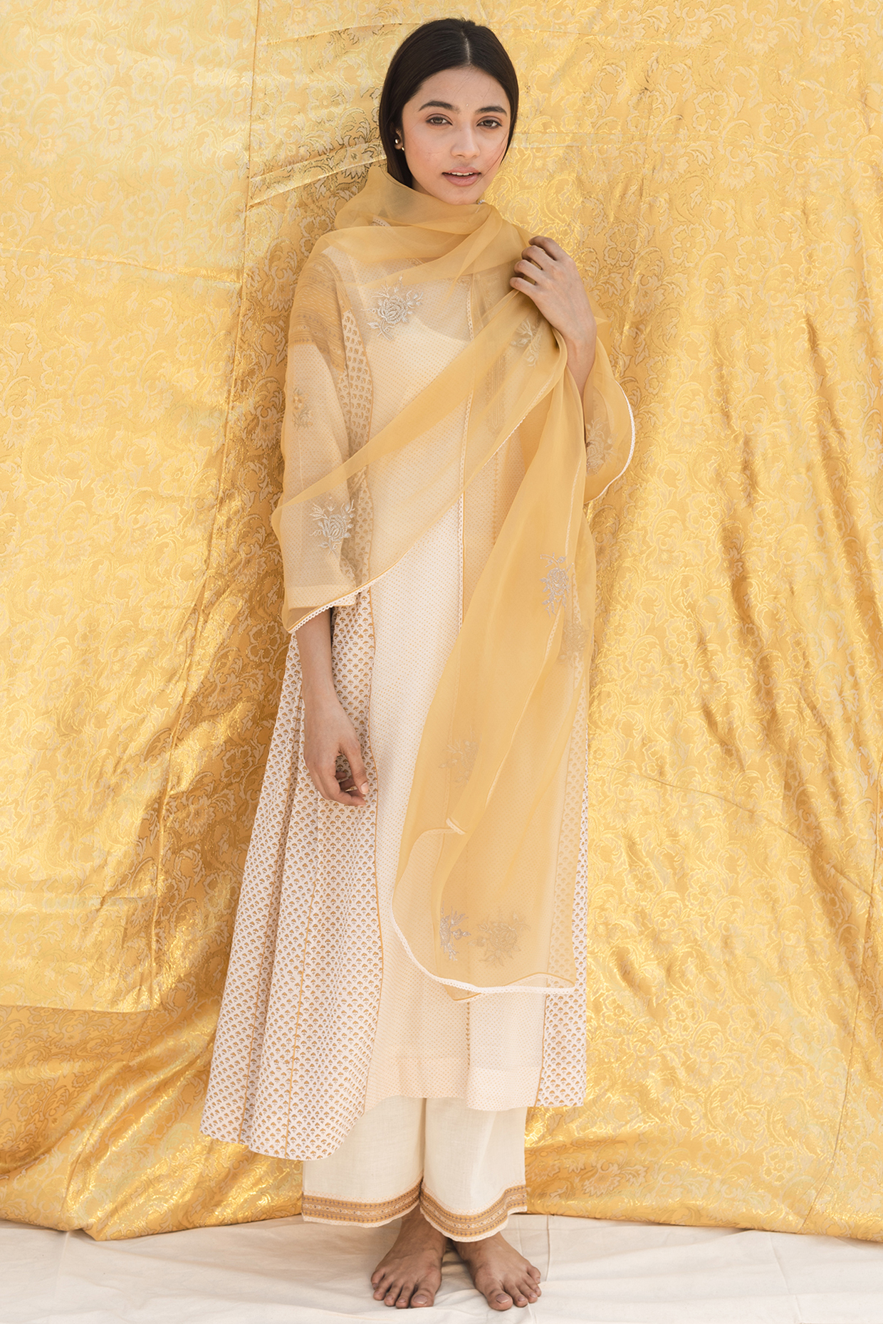 Beige Printed & Embroidered Kurta Set by Lajjoo C at Pernia's Pop Up Shop