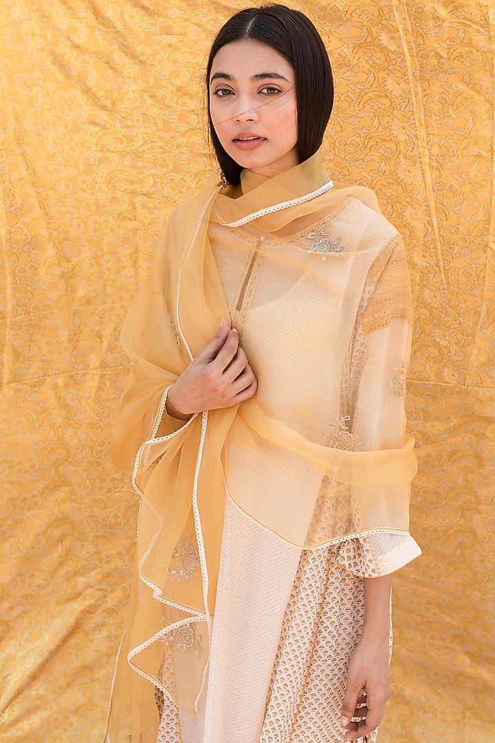 Beige Printed & Embroidered Kurta Set by Lajjoo C at Pernia's Pop Up Shop