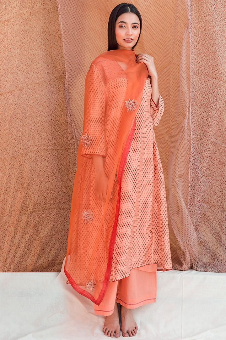 Orange Printed & Embroidered Kalidar Kurta Set by Lajjoo C