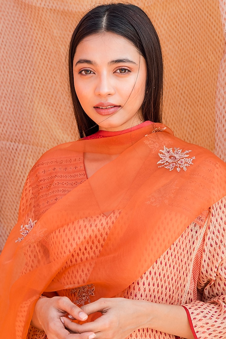 Orange Printed & Embroidered Kalidar Kurta Set by Lajjoo C at Pernia's Pop Up Shop
