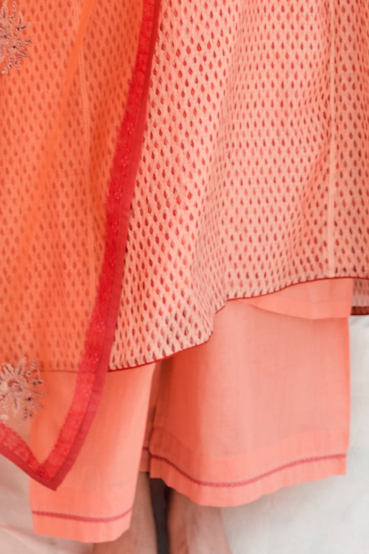 Orange Printed & Embroidered Kalidar Kurta Set by Lajjoo C at Pernia's Pop Up Shop