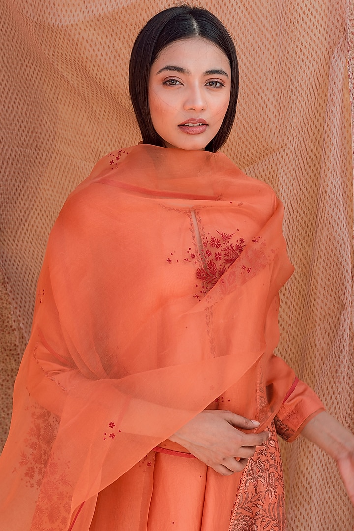 Orange Embroidered Kurta Set by Lajjoo c at Pernia's Pop Up Shop