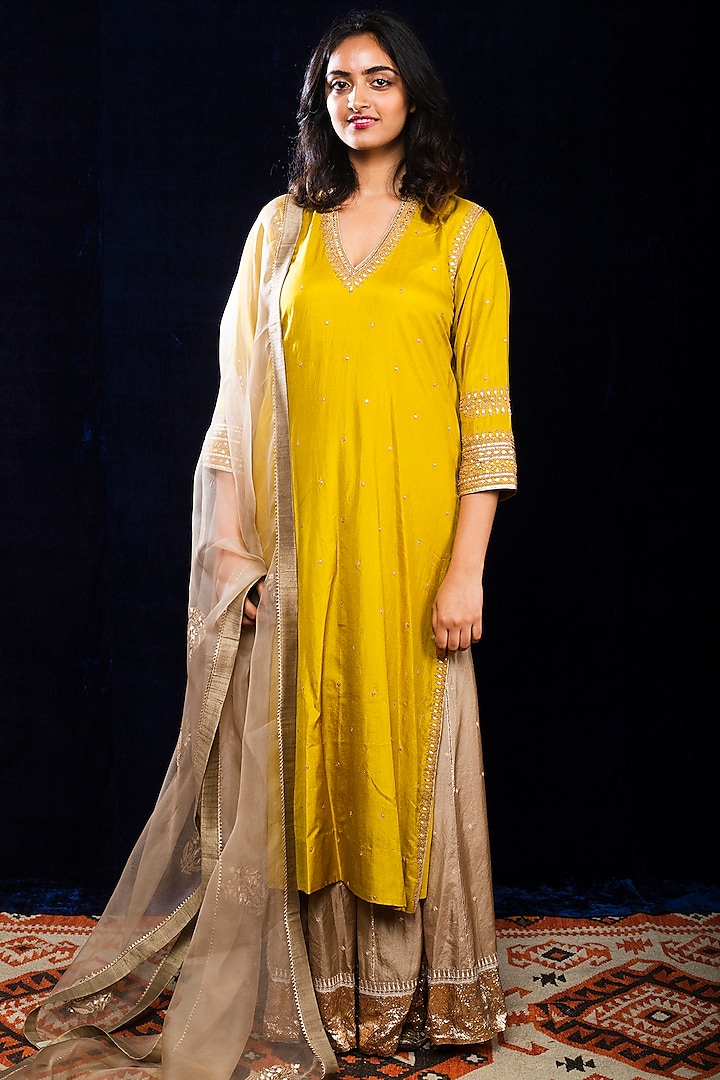 Yellow & Beige Silk Sharara Set by Lajjoo c