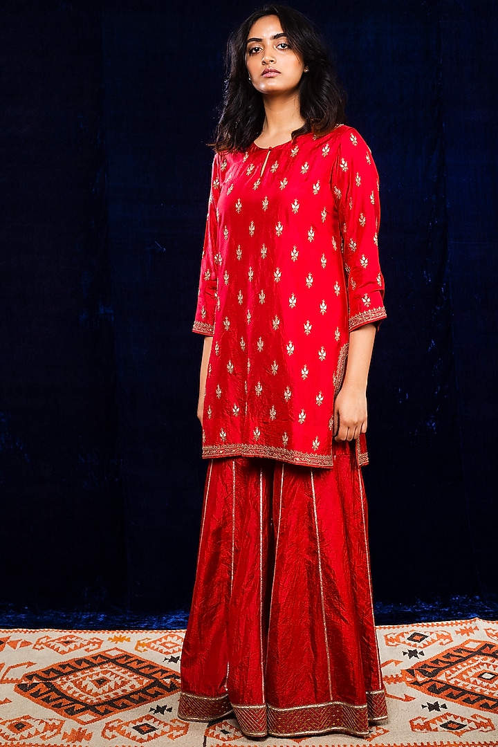 Red Embroidered Sharara Set by Lajjoo c