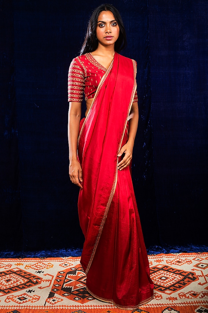 Red Embroidered Saree by Lajjoo c