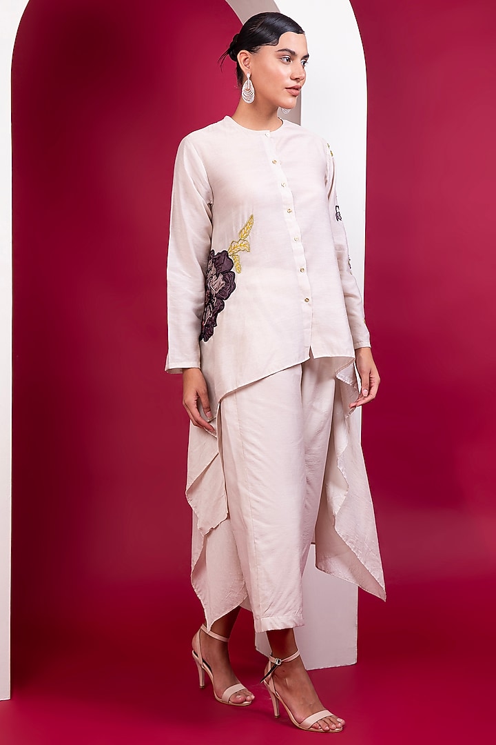 Beige Chanderi Embroidered Co-Ord Set by Label Kaleido at Pernia's Pop Up Shop