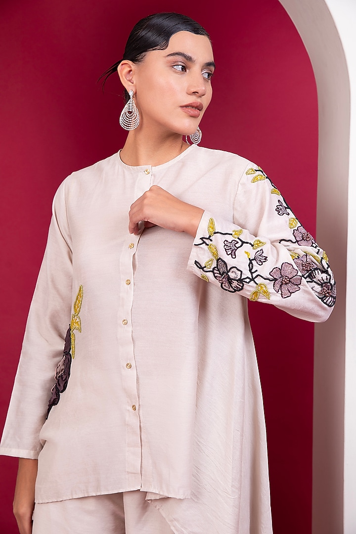 Beige Chanderi Embroidered Co-Ord Set by Label Kaleido at Pernia's Pop Up Shop
