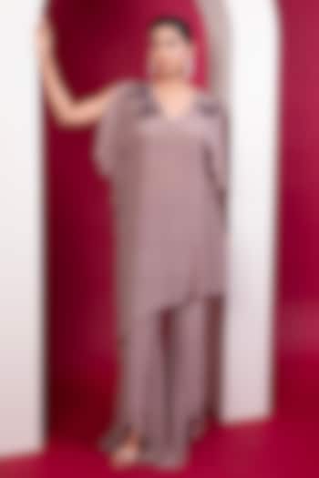 Greige Viscose Crepe Embroidered Kaftan Set by Label Kaleido at Pernia's Pop Up Shop