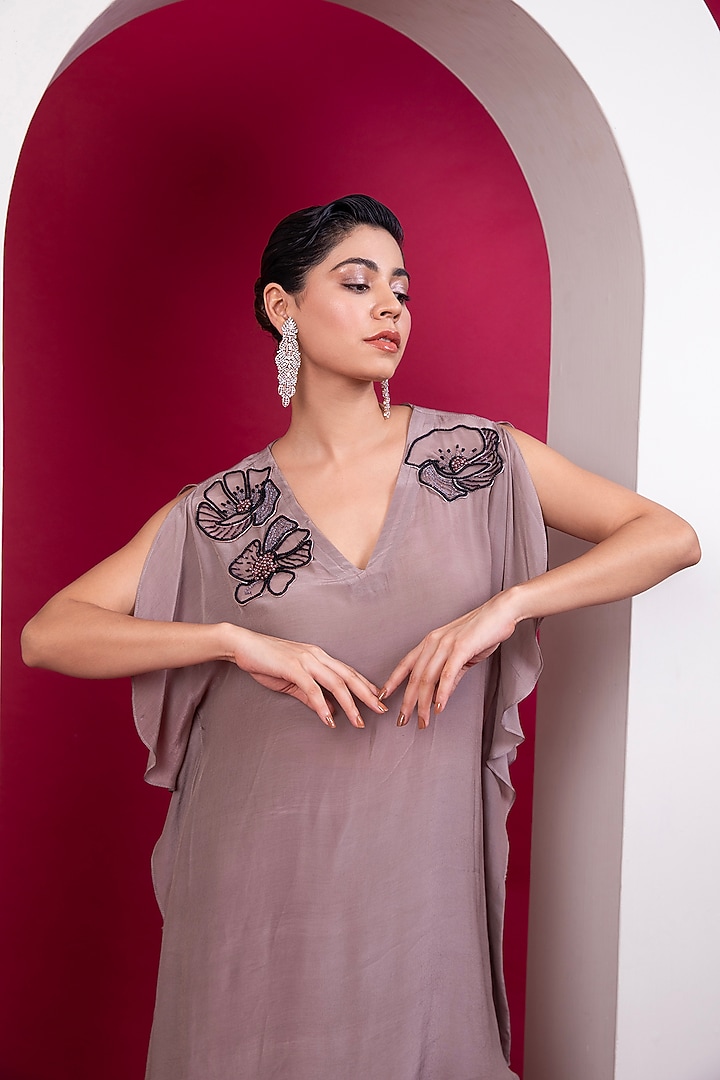 Greige Viscose Crepe Embroidered Kaftan Set by Label Kaleido at Pernia's Pop Up Shop