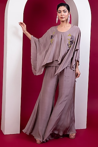 Greige Viscose Crepe Embroidered Kaftan Set by Label Kaleido