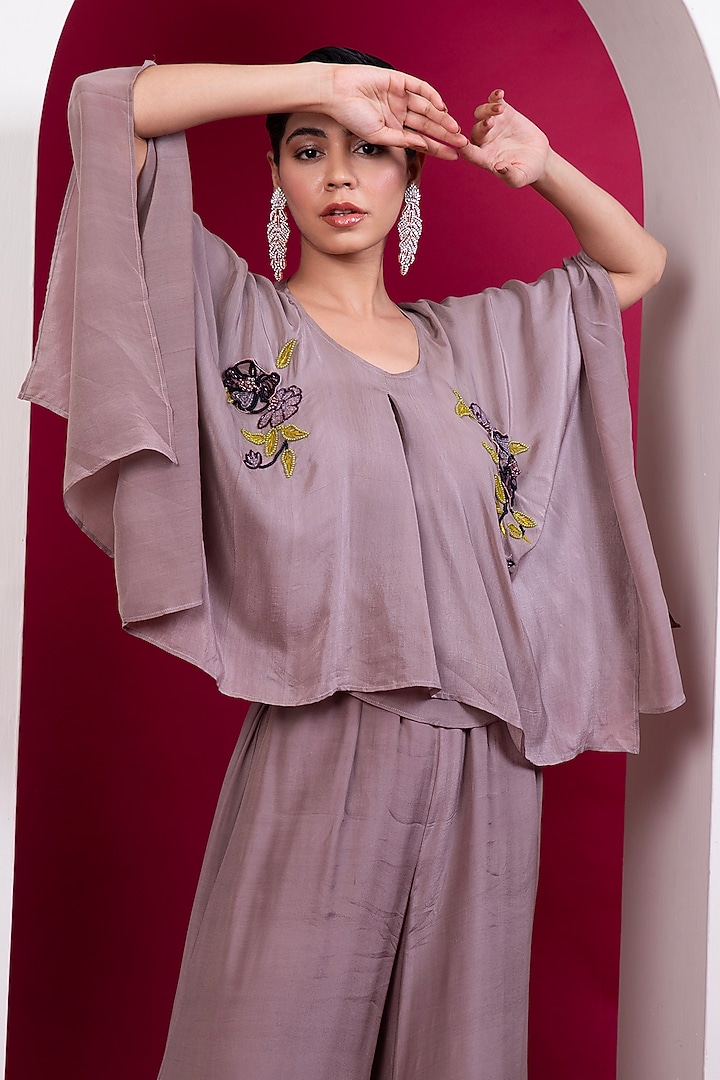 Greige Viscose Crepe Embroidered Kaftan Set by Label Kaleido at Pernia's Pop Up Shop