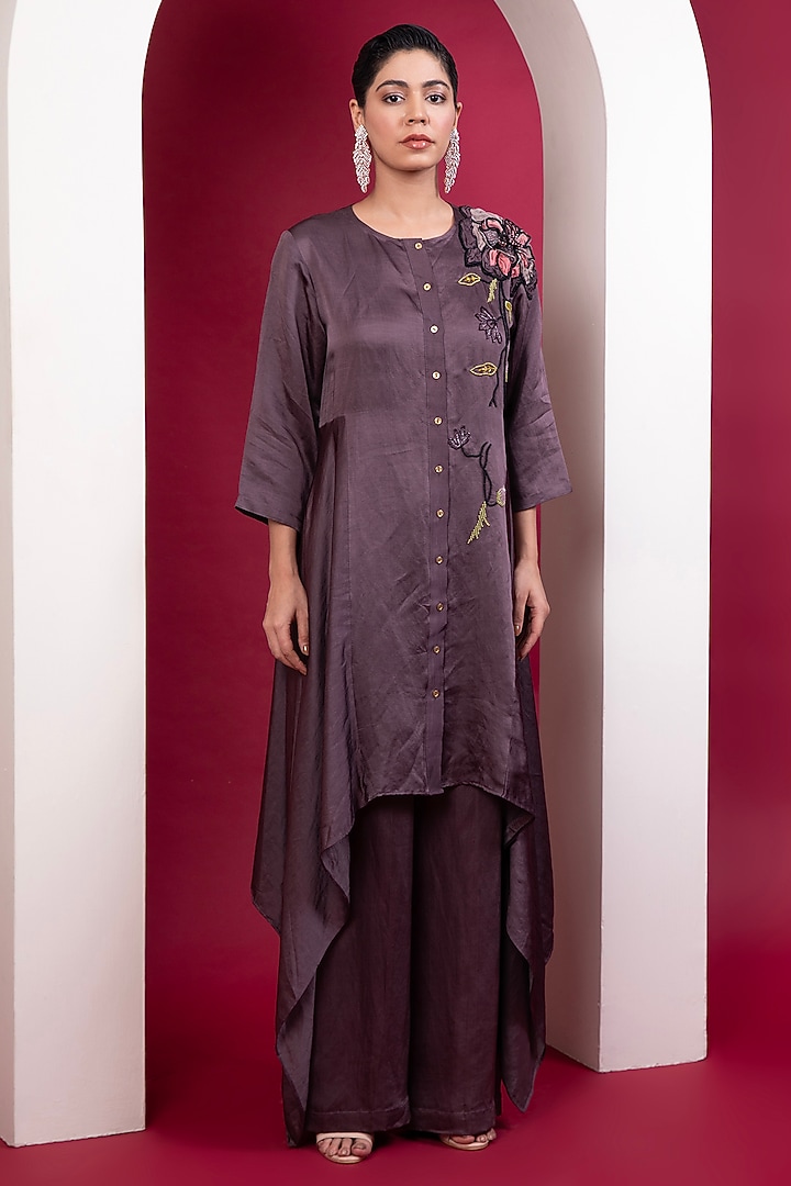 Plum Linen Satin Embroidered Tunic Set by Label Kaleido at Pernia's Pop Up Shop