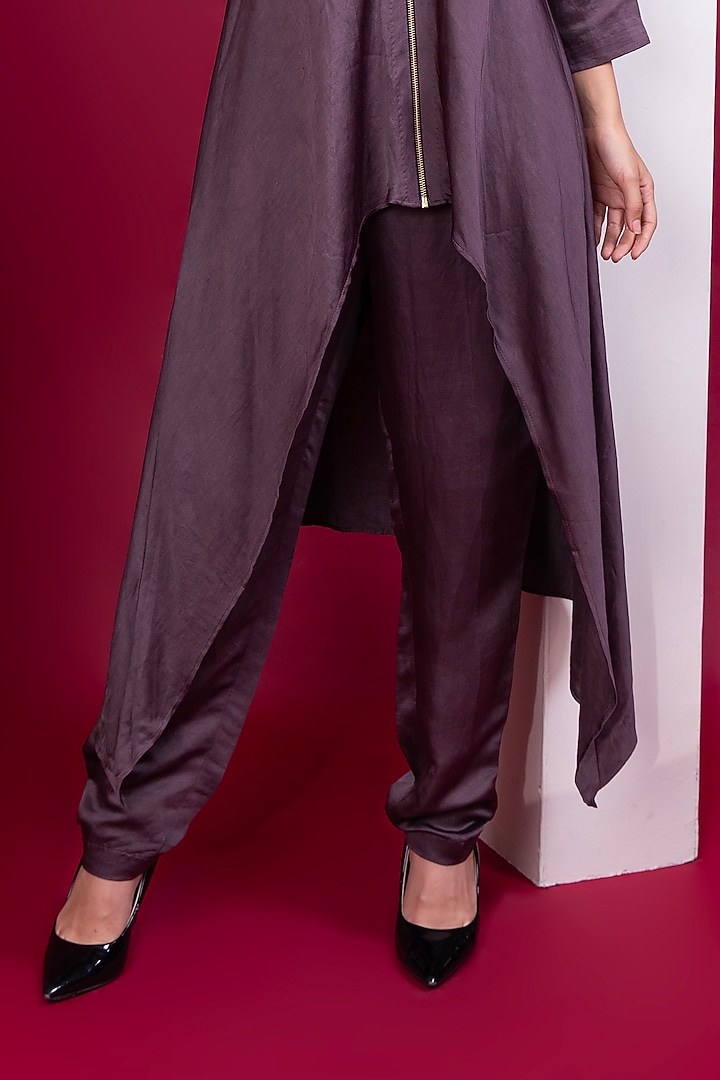 Plum Linen Satin Embroidered Tunic Set by Label Kaleido at Pernia's Pop Up Shop