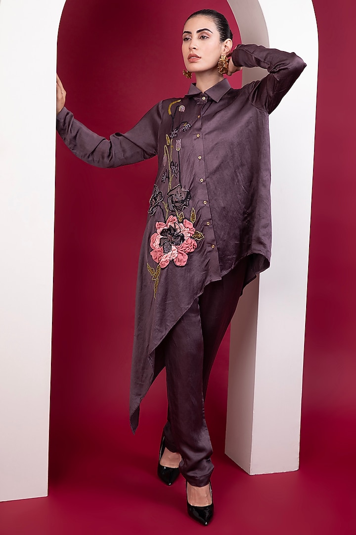 Plum Linen Satin Embroidered Co-Ord Set by Label Kaleido at Pernia's Pop Up Shop