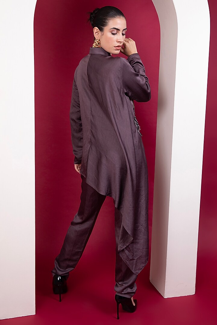 Plum Linen Satin Embroidered Co-Ord Set by Label Kaleido at Pernia's Pop Up Shop