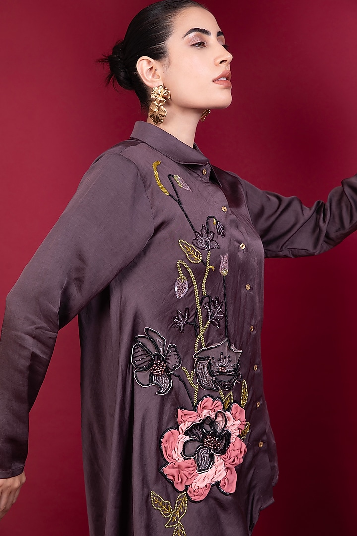 Plum Linen Satin Embroidered Co-Ord Set by Label Kaleido at Pernia's Pop Up Shop