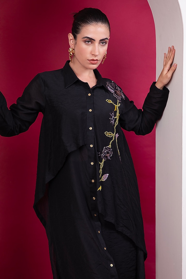 Black Chanderi Embroidered Co-Ord Set by Label Kaleido at Pernia's Pop Up Shop