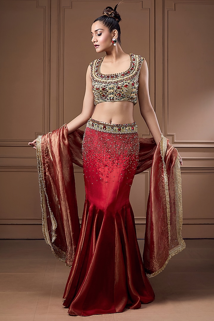 Red & Golden Tissue Embroidered Mermaid Wedding Lehenga Set by Label Kaleido at Pernia's Pop Up Shop