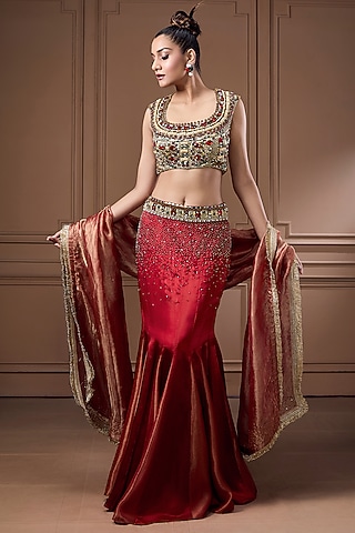 Red & Golden Tissue Embroidered Mermaid Lehenga Set by Label Kaleido