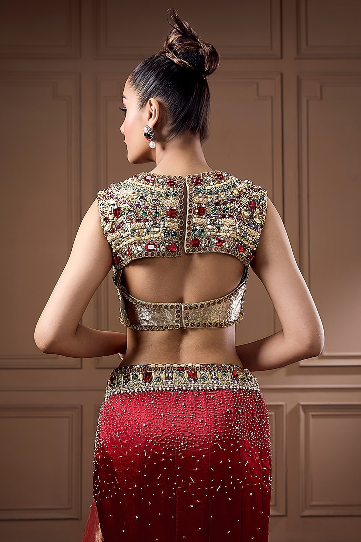 Red & Golden Tissue Embroidered Mermaid Wedding Lehenga Set by Label Kaleido at Pernia's Pop Up Shop