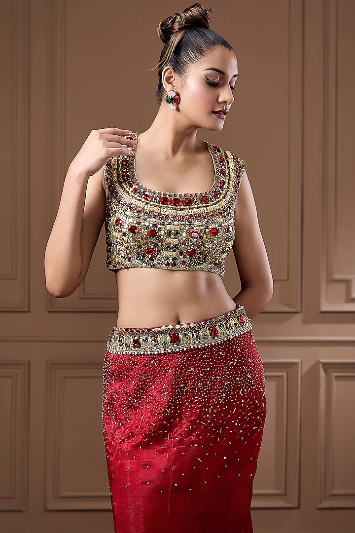 Red & Golden Tissue Embroidered Mermaid Wedding Lehenga Set by Label Kaleido at Pernia's Pop Up Shop