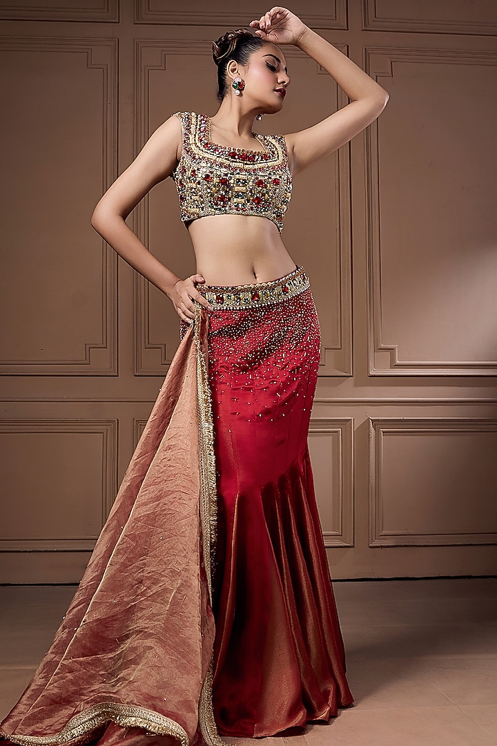 Red & Golden Tissue Embroidered Mermaid Wedding Lehenga Set by Label Kaleido at Pernia's Pop Up Shop